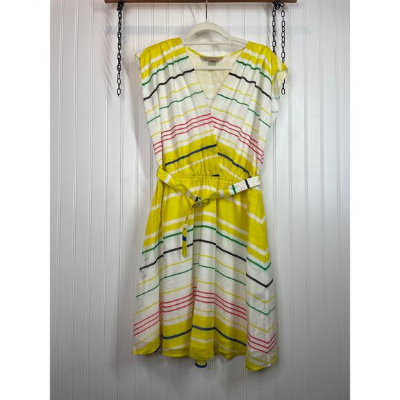 Presley Skye Sloane Belted Silk Blend Stripe Dress Mini Yellow White Pink Size L - Picture 2 of 8